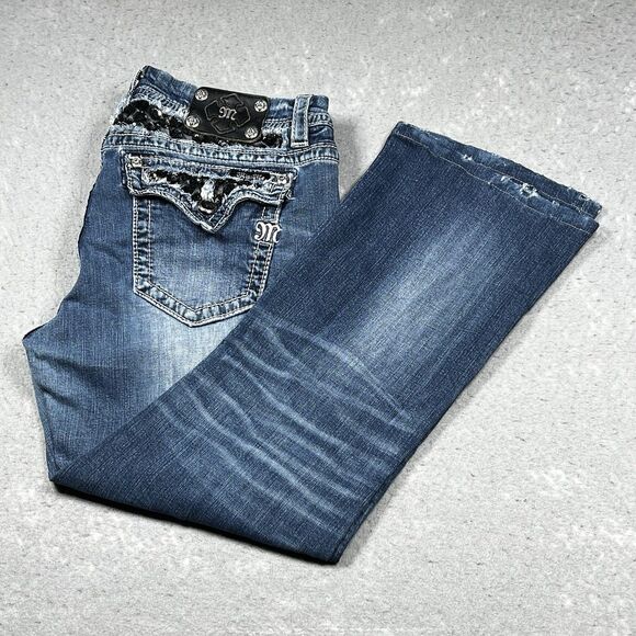 Miss Me Jeans Womens Size 31 Blue Bootcut Sequined Flap Pocket Rhinestone - Picture 1 of 16